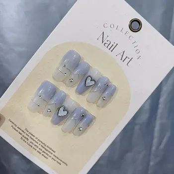 100% Ръчно рисувани нокти с модел под формата на синята миди и сърце, мечтателна и романтична В магазина Emmabeauty № EM19141