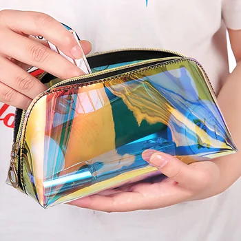 100 бр./лот, Модни дамски Прозрачни холограма козметични чанти с цип от PVC, водоустойчив пътни пластмасови лазерни дамски чанти за грим