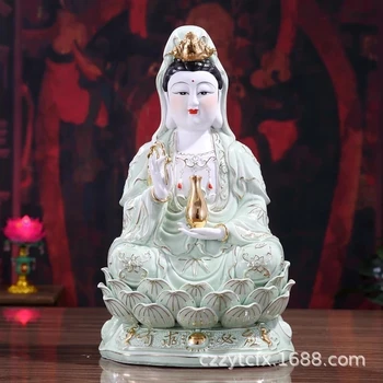 12 инча [отговор] Висок бял порцелан, нефрит [Запитване] Висок бял порцелан, нефритово зелен Орнамент статуи на Буда Бодхисатва Гуаньинь