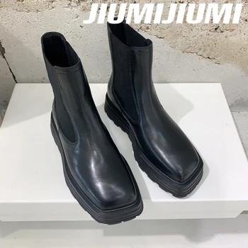 2023 JIUMJIUMI / Есенни Ботильоны ръчна изработка от естествена кожа; Дамски Обувки на дебела подметка с квадратни пръсти; Обувки на 