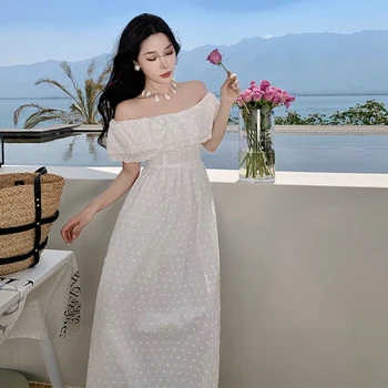 2023 Лятото Ново френско рокля с бродерия в стила на тежката промишленост, дълга Бяла рокля с темперамент Феи на едно рамо, Безплатна доставка