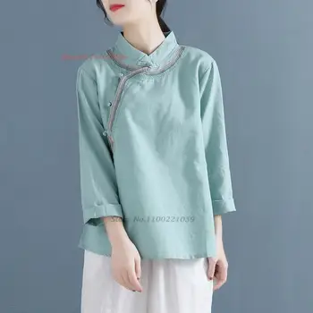 2023 китайската подобрена блуза ципао, национален чай, памучен бельо блуза, блуза с бродерия на цветя в ретро стил, източна риза дзен