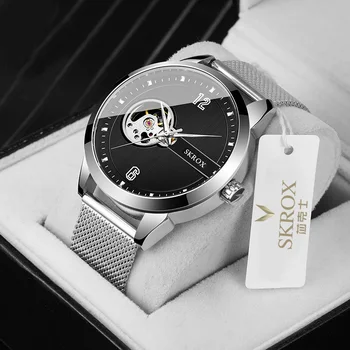 2023 нов SKROX Известната марка автентични выдалбливают автоматично мрежест каишка сребристи чисто механични часовници, водоустойчиви мъжки часовници