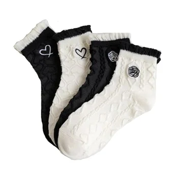 4 Чифта/лот, Дантелени бели памучни чорапи с волани за момичета на принцеси, сладки чорапи до щиколоток с ниска тръба във формата на сърце в стил 