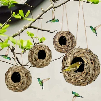 4 опаковки, окачен птичи къщичка-гнездо за улицата, ръчно изработени от естествена трева За градини, тераси, стволовете на дървета