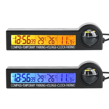 5 в 1 Часовник, Календар, Компас, термометър, карта за временно паркиране на автомобила, мултифункционален LCD дисплей, Тестер за напрежение 12 v