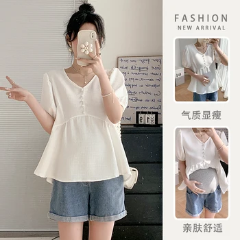 A376 # Летни Корейски Модни Блузи за бременни, Сладка Туника, Дрехи за бременни, Ежедневни Тънки Блузи Трапецовидна форма за бременни