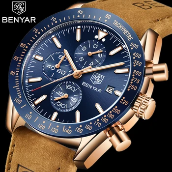 BENYAR Мъжки часовници марка за Луксозни силикон каишка, Водоустойчив спортен кварцов хронограф, военни часовници, Мъжки часовници Relogio Masculino