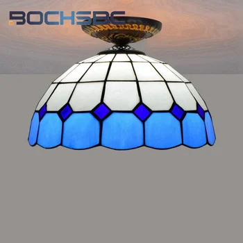 BOCHSBC витражное стъкло в стил Тифани, 12-инчов средиземноморската полилей за трапезария, спалня, коридор, синьо тавана лампа, декор