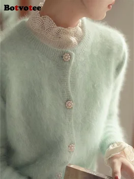 Botvotee Вязаный Жилетка за жени 2023, Реколта пуловер с кръгло деколте във френски стил, есен-Зима, Нова водоустойчив яке с дълги ръкави от норка