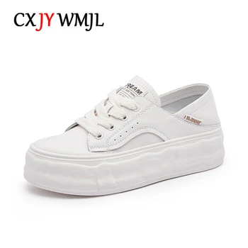 CXJYWMJL/ Дамски Маратонки на платформа от естествена кожа, Големи Размери, Есенна Ежедневни Вулканизированная обувки, Дамски Спортни Обувки На дебела Подметка, бели Кънки