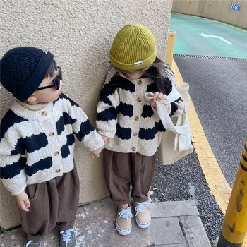 Demisezonnyj Модерен шарени однобортный пуловер с дълъг ръкав за малки момичета и момчета, палто за плетене от 1 до 8 години