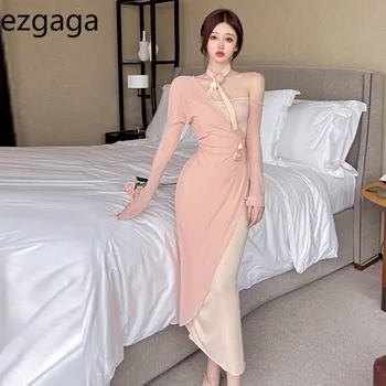 Ezgaga Модерни елегантни рокли Дамски Мрежести лоскутные цветя с изгорени дълги ръкави Неправилни тънки Реколта рокля с открити рамене женски