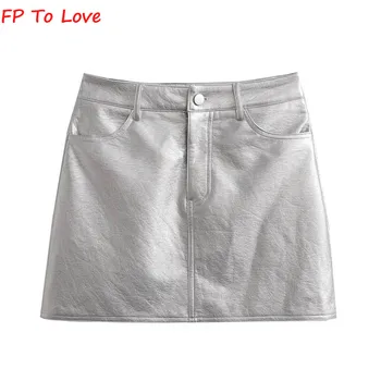 FP To Love, Френски сребрист мини-поли от изкуствена кожа, Метална секси пола с висока талия, Стилни ретро-къса метална туника Трапецовидна форма