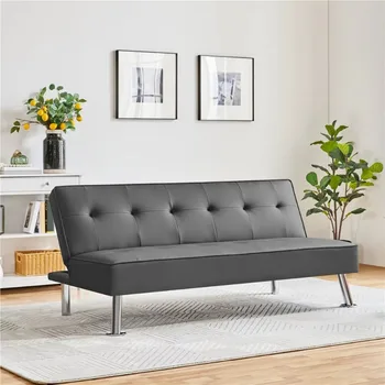 Foldout разтегателен диван-futon е от изкуствена кожа SmileMart с хромирани метални крака, сив