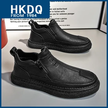 HKDQ/ Есенни черни мъжки ботильоны; модни и ежедневни кожени обувки с висок берцем с цип; Мъжки улични удобни мъжки обувки в стил ретро без стягане;
