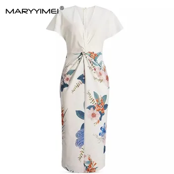 MARYYIMEI, модерно дизайнерско лятото женствена рокля с V-образно деколте, къси ръкави и цветисти принтом, приталенная опаковка, елегантни рокли в стил хип-хоп