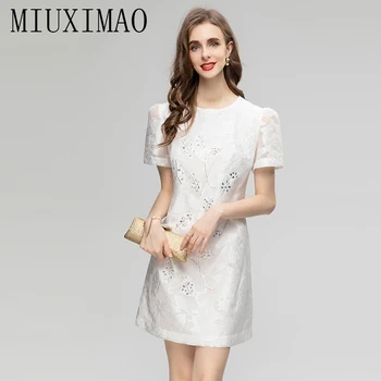 MIUXIMAO 2023 Есента рокля на Модно жаккардовое Рокля с къс ръкав и диаманти, Бяло Рокля над коляното, Женски премяна Vestidos