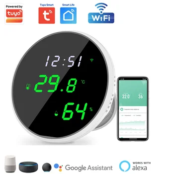 Sasha Smart WIFI Сензор за температура и влажност на въздуха, Влагомер, термометър, цифров LCD дисплей, поддръжка на Алекса Google Assistant