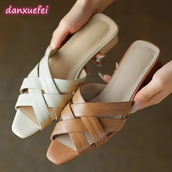danxuefei/дамски сандали на равна подметка от естествена кожа, с тясна лента и плетением, летни ежедневни сандали с отворени пръсти, ежедневни дамски обувки, разпродажба