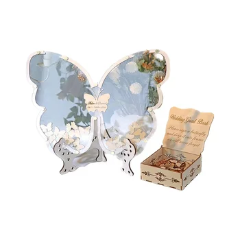 Бяла сватбена книга за гости, алтернатива за 40-200 гости, подвесная дървена рамка с пеперуди