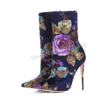Високи обувки с принтом рози в ретро стил, Модни разноцветни дамски Полусапожки до средата на прасците на тънък ток, с остри пръсти, Дамски обувки за подиум