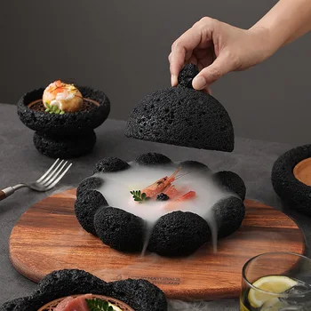 Въглероден топка вулканичен камък художествена концепция на чиния Японски хотел креативна прибори мобилен брикет черно ястие хотел суши