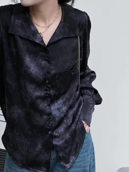 Върхова продуктова Дамски Модни Блуза От естествена Коприна с Дълъг ръкав и Отложным яка, Елегантни Дамски Универсална Однобортная Горната Риза, Блуза