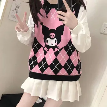 Вязаный жилетка Kawaii Sanrio Kuromi, Контрастен пуловер без ръкави, Cartoony Сладък подарък за момичета в ромбическом стил За рожден Ден за приятелка
