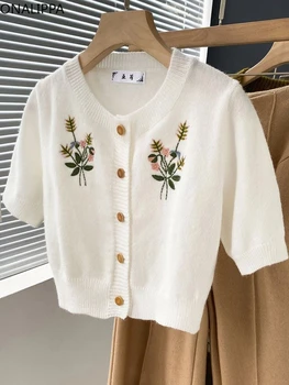 Вязаный жилетка с къс ръкав и цветна бродерия Onalippa, Однобортные Свободни Жилетки, корейски шик дизайн, сладък пуловер