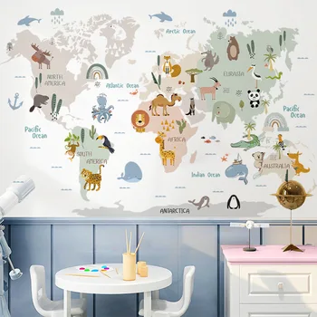 Голяма карта на света, стикери за стена, Мультяшные животни, Дивата природа, Акварелни Винилови стикери за детска стая, начало декор за момичета и момчета
