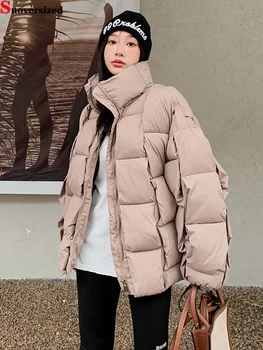 Градинска дрехи, Стеганое палто за двойки, Корейски модни памучни якета с висока яка, Пухкави 