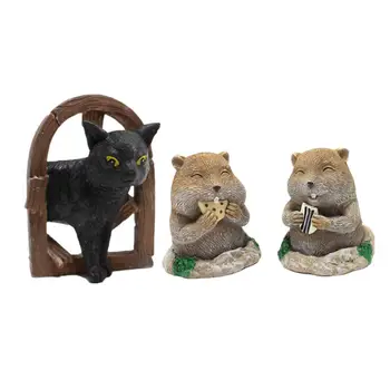 Градинска скулптура на котка Гоферово, украса гоферово, имитация на смола, Градинска скулптура на котка Гоферово, Черна котка и украшение на гоферово