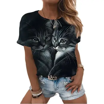 Дамска тениска Модна Блуза, Тениска с къс ръкав за Жени, Черна тениска Kawaii с 3D Принтом Котка, Дамски Летен Топ Оверсайз