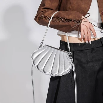 Дамска чанта за през рамото от изкуствена кожа с Перлената на веригата, чанта във формата на Портфейл, чанта през рамо