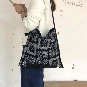 Дамска чанта-тоут в ретро стил с тотем във формата на Цвете Кашу, етнически принт, чанта през рамо, чанта за подмишниците, по-голям капацитет, Зелен, Черен