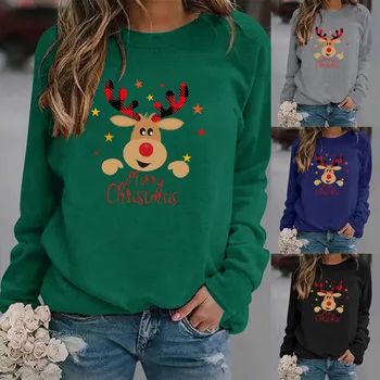 Дамски hoody с принтом, Коледни Джъмпери, Коледни пуловери, блузи, Ежедневни пуловер с кръгло деколте и дълъг ръкав, по-Големи размери