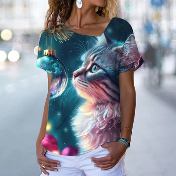 Дамски Потник с тениска 2023, Нова лятна Тениска с 3D принтом хубава котка, Ежедневни градинска тениска с V-образно деколте, Модерна Жена пуловер Y2K