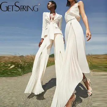 Дамски брючные костюми Getspring 2023, Есенна темпераментен превръзка, Бяло сако, палто, плисирани панталони с ципове с висока талия, комплекти от две части
