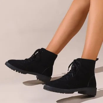 Дамски обувки, Модни дишащи обикновена кадифе къса обувки в стил ретро на дебелите ток с шнур, Zapatillas Deportivas Mujer