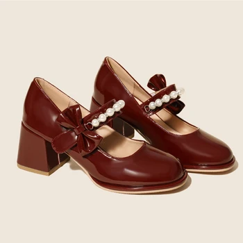 Дамски сандали Mary Jane с високи токчета, дамски обувки в стил лолита с лък, пролет 2023, нова мода обувки от дебела кожа
