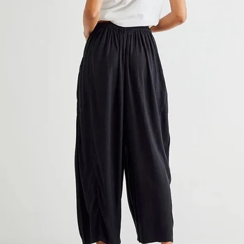 Дамски спортни панталони с джобове, Зреещи, Свободни Модни Прости панталони дантела, обикновена плисирани Панталони с еластичен ластик на талията, с дължина до щиколоток