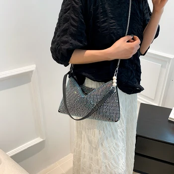 Дамски чанта през рамо с веригата, Модни Дамски чанта под Мишниците, Изкуствена Перлена Диамант Просто Голяма дамска Чанта за ежедневно пазаруване, чанти