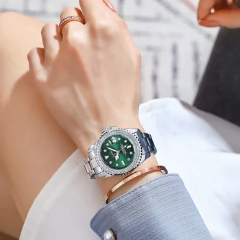 Дамски часовник в зелен цвят, леки луксозни кварцови часовници, инкрустирани с диаманти, модни ниша, кварцов часовник, дамски подарък луксозни дамски часовник