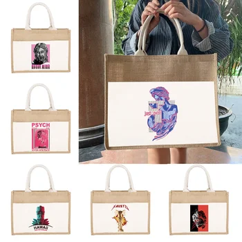 Джутовая чанта, Бельо чанта през рамо, Чанти с букви, състояща се от цветя и пеперуди, Женствена чанта за пазаруване, Ламинирани торбички тоут 2023