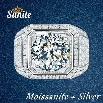 Диамантен пръстен Sunite 1.0 ct 2.0 ct Moissanite за Мъже, Мощно Пръстен от Бяло Позлатените Сребро 925 Проба, Мъже Подаръци за Красавици
