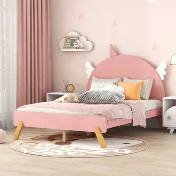 Дървена Сладко легло с таблата под формата на еднорог, в пълен размер легло на платформата, розов