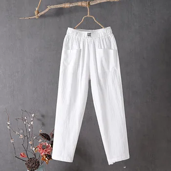 Ежедневни панталони от памук и лен, дамски пролетно-летни панталони с еластичен ластик на талията, свободни тънки панталони Nine Piont, s589