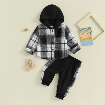 Есенно-зимни дрехи за малките момчета 0-24 м, клетчатая яке с качулка и дълъг ръкав за бебета, комплекти с дълги штанами, Ежедневни облекла за деца