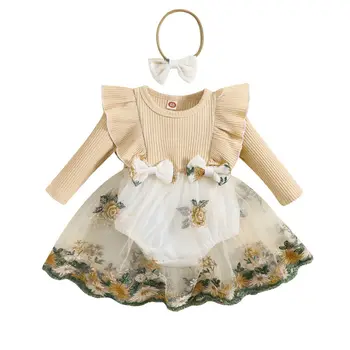 Есенното облекло за новородени момичета 2023 г., рокля-боди с бродерия и с дълги ръкави и хубава превръзка на главата, Есен облекло за 0-24 м
